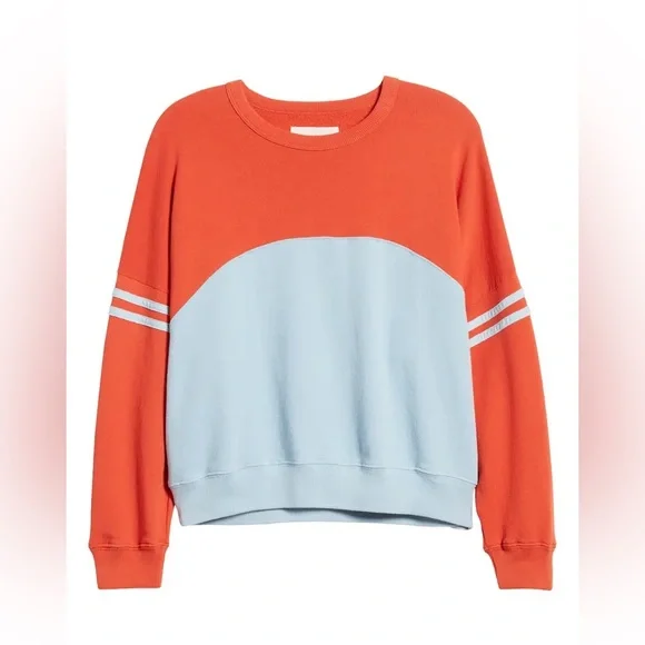 THE GREAT Cross Country Colorblock Cotton Sweatshirt Tomato Red Blue Medium - Picture 3 of 13